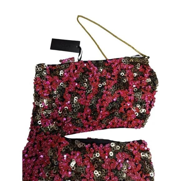 NWT h:ours Sybila Mini Dress Fuchsia Pink Gold Sequin Cut Out One Shoulder - Picture 5 of 5